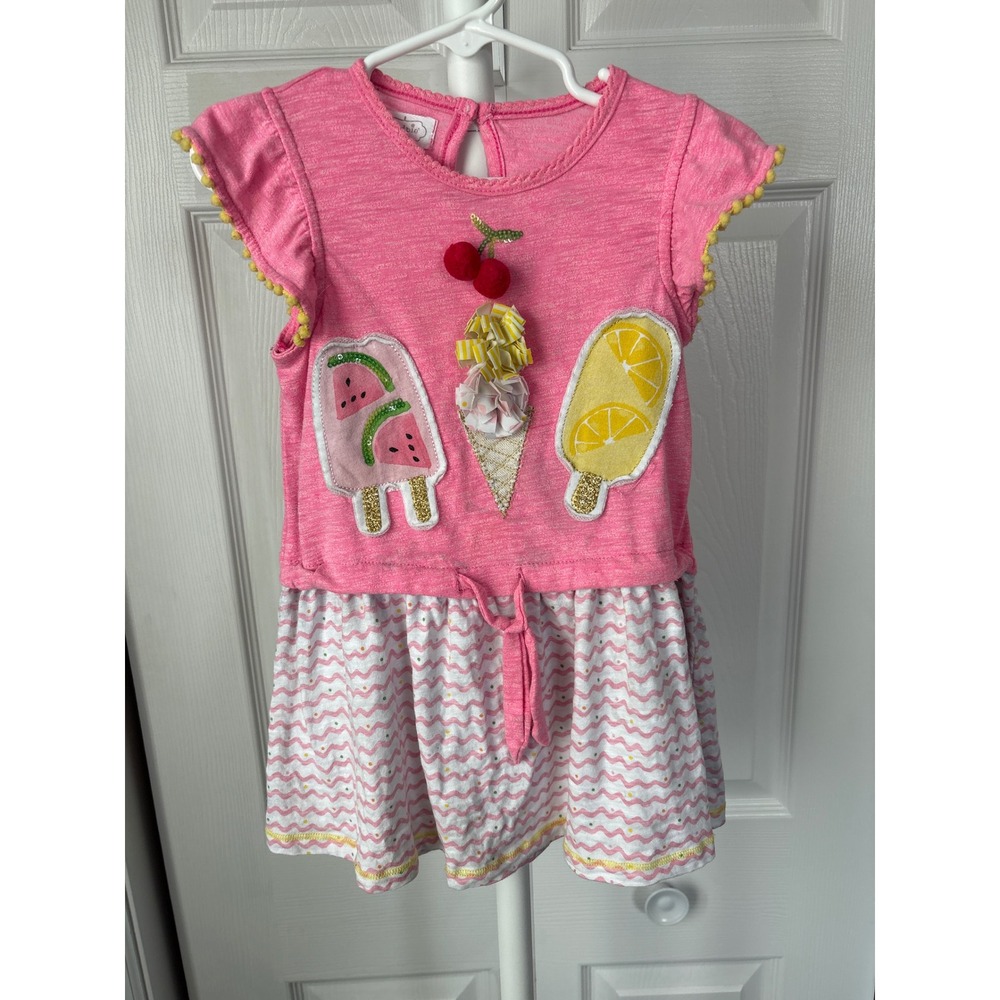 Mudpie  Girls‎ Pink Ice Cream Popsicle 3D Applique Flutter Sleeve Dress 3T